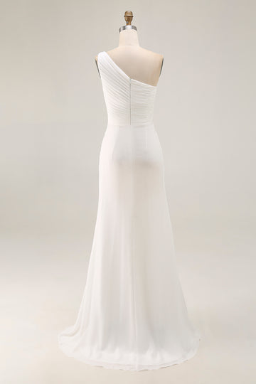 Ivory One Shoulder Ruched Engagement Dress with Slit